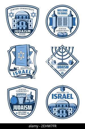 Judaism religion and Israel travel badges. Vector Hanukkah holiday menorah, Torah and Star of David, dreidel, honey and donuts, pomegranate and Jerusa Stock Vector