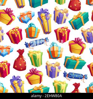 Gift boxes with bow seamless pattern. Cardboard containers wrapped in bright color paper with ribbon for holiday or birthday. Festive endless texture Stock Vector