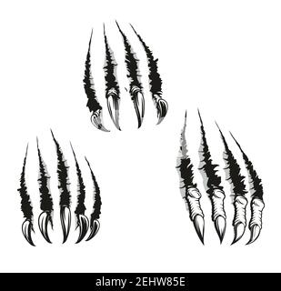 Scratch claws of animals, vector . Hole in sheet of paper with torn edges, monster claws scratching wall. Beast claw breaking through ripping and tear Stock Vector
