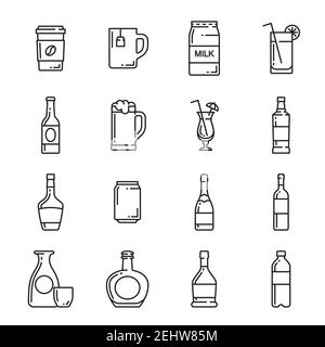 Drinks and beverages vector icons. Coffee and tea cup, milk pack and beer mug or can, cocktail glass and alcohol drink bottle of whiskey or brandy cog Stock Vector