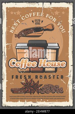 Coffee drinks retro poster, paper cups and beans with condiments. Cinnamon and anise star for fragrance of hot drink. Scoop and beverage in takeaway c Stock Vector