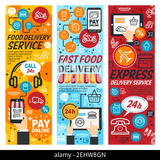 Fast food delivery banners or express service for order meals from mobile gadget. Vector tablet and smartphone with hamburger and donut with taco icon Stock Vector