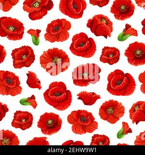 Poppy flowers pattern background. Vector seamless red floral ornament with blooming poppies buds and leaves, wedding or love romance decoration. Stock Vector