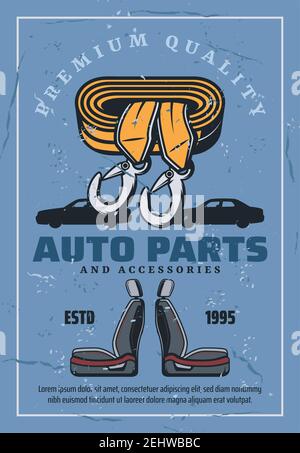 Auto spare parts and accessories, car repair service and mechanic garage. Car seats and towing rope with vintage vehicle silhouettes on background Stock Vector