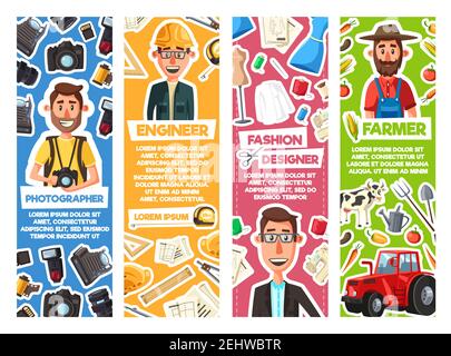 Photographer and engineer, fashion designer and farmer professions. Vector photo camera lens or flash, farm agriculture and cattle, building construct Stock Vector