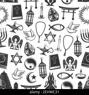 World religion symbols vector seamless pattern. Christianity and Judaism, Islam and Buddhism. Bible and angel, rosary and dove, lantern and crescent, Stock Vector