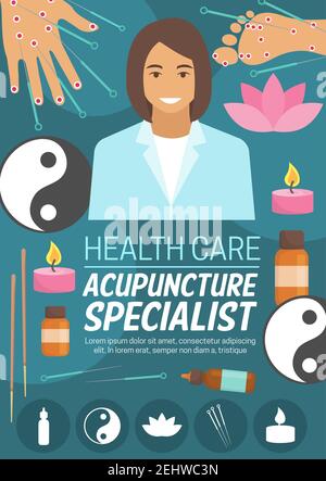 Acupuncture doctor, alternative medicine. Vector needles, foot and palm with acupoints, candle and essential oil bottles, yin and yang sign and pink f Stock Vector