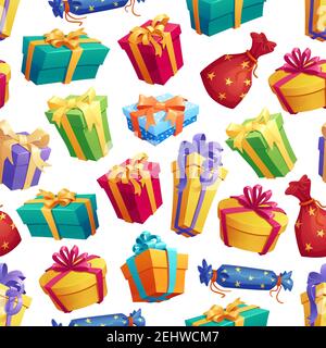Vector seamless pattern of gifts and presents. Gifts wrapped in color paper with ribbon for holiday or birthday event. Festive endless texture of deco Stock Vector