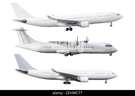 Set of airplanes jet and turboprop isolated on white background Stock Photo