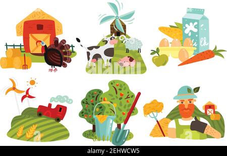 Farm design concept with gardening, windmills on green fields, barn and hay, animals, products isolated vector illustration Stock Vector