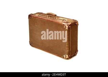 Old leather brown vintage travel suitcase isolated on white background.  Symbol and concept of travel. Adventure time. Stock Photo