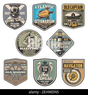 Marine and nautical vintage badges. Vector diving elment, lighthouse and captain, sailor cap and sextant, sea turtle and compass, helm and seahorse Stock Vector