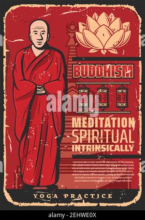 Buddhist monk with lotus in spiritual meditation, vintage poster. Vector Buddhism religious symbols of Buddha temple and prayer wheels of Buddhist wor Stock Vector