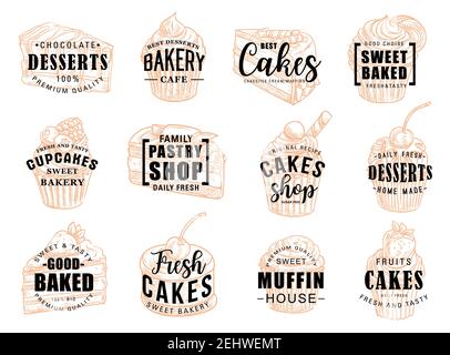 Pastry desserts and sweet cakes sketch lettering for patisserie or cafeteria and bakery cafe. Vector calligraphy for chocolate cupcake, tiramisu or mu Stock Vector