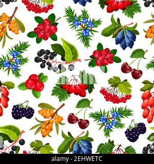 Berries seamless pattern vector. Endless texture of ripe cherry and bilberry, rosehip and dogrose, buckthorn and cranberry, juniper and rowanberry. Ba Stock Vector