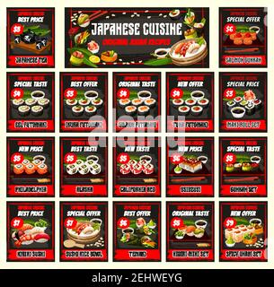 Japanese cuisine menu template vector. Tea, eel, ikura futomaki. Sushi with salmon, tuna, maki rolls set. Filadelfia and alaska, california red, oszus Stock Vector