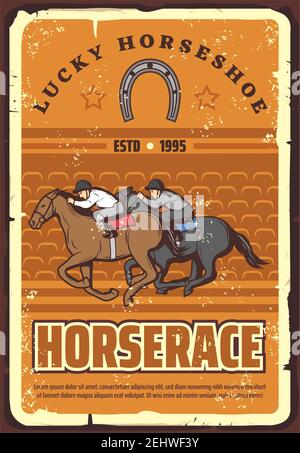 Equestrian sport club, racetrack announcement retro vector. Vintage design of jokeyson horses racing on hippodrome with lucky horseshoe symbol Stock Vector