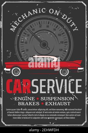 Car repair service of engine, suspension brakes, gearbox and exhaust. Brake pad replacement retro style poster. Garage or workshop with mechanic on du Stock Vector