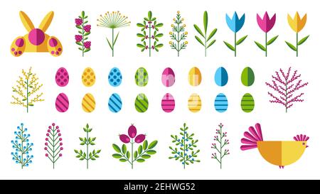 Set of Happy Easter design elements - painted eggs, chicken, rabbit, tulip, flower, berry, branch. Stock vector illustration in the flat style. Easter Stock Vector