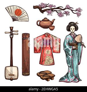 Japanese symbols with asian culture and art icons. Sakura flowers, geisha with fan and tea ceremony set, kimono, wooden shoes geta, musical instrument Stock Vector