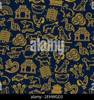 Chinese seamless pattern background with zodiac animals and holiday symbols. Dragon, pig and dog, temple and noodles, spring festival firecracker, luc Stock Vector