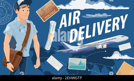 Air mail delivery and mailman, cartoon vector. Vector airplane cargo or freight shipping parcel boxes, newspapers, magazines and letter envelopes with Stock Vector
