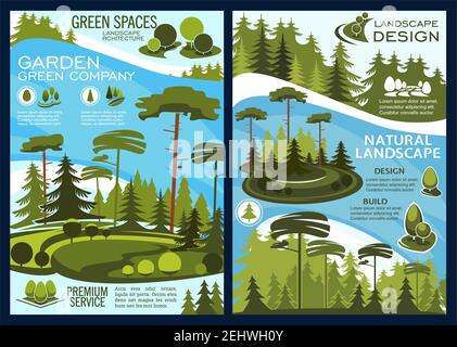 Landscape and garden design, vector green space. Planting trees and thick bushes on neat lawns and meadows in city parks and reserved forests with riv Stock Vector