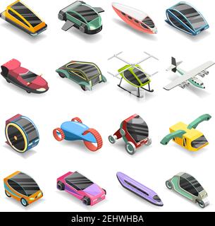 Future transport isometric icons set of conceptual vehicles of new generation isolated vector illustration Stock Vector