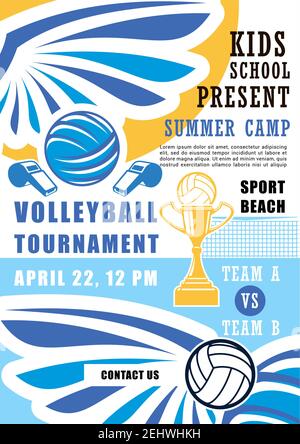 Volleyball sport poster for school summer camp tournament. Ball and whistle, gold trophy cup and wings. Team game championship among kids or pupils, m Stock Vector