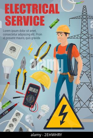 Electrical service. Vector electrician, electric equipment and tools. Electrical engineer or lineman with wire, cable and light bulb, screwdriver, pli Stock Vector