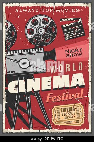 Cinema or movie festival retro poster. Vintage video camera with film reels and golden tickets, clapperboard or clapper, night show. Entertainment wit Stock Vector