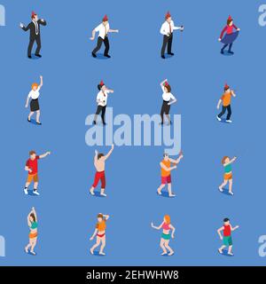 Set of isometric icons on blue background with singing and dancing people during celebration isolated vector illustration Stock Vector
