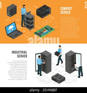 Datacenter isometric horizontal banners with people working with equipment using for compact and industrial servers vector illustration Stock Vector
