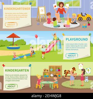 Set of flat horizontal banners with kindergarten including teacher with kids, fun on playground isolated vector illustration Stock Vector