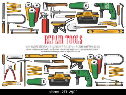Rpair and construction tools set. Wallpaper rolls and axe, drill and toolkit, file and fretsaw, ruler and spade, wheelbarrow and pliers, jigsaw and ni Stock Vector