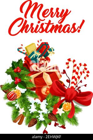 Merry Christmas greeting icon of New Year wish and Santa gifts bag on Xmas wreath and ornaments. Vector isolated Christmas holly, candy cookies and fi Stock Vector