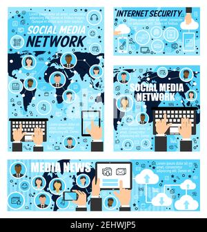 Internet communication posters and ban ners of social networks and media news. Vector design of online security in web cloud and user data storage, fi Stock Vector