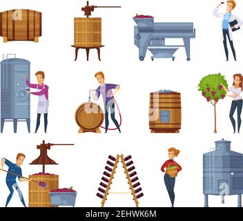 Winery production process cartoon icons set with grape harvesting crushing pressing fermenting wine aging isolated vector illustration Stock Vector
