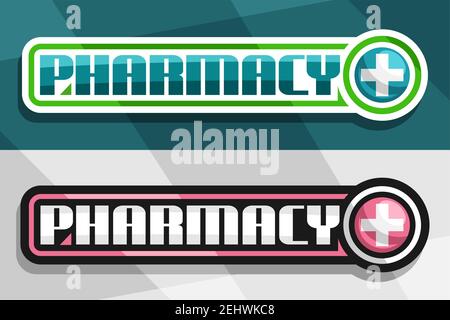 Vector banners for Pharmacy, white and black decorative sign boards with unique lettering for word pharmacy and drug store symbol - cross in circle on Stock Vector