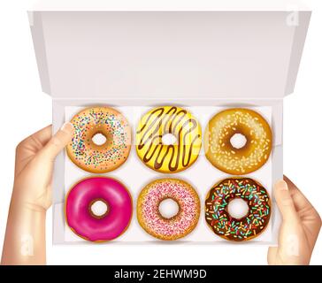 Realistic colorful donuts with sprinkles, glaze and sesame seeds in open white box in hands vector illustration Stock Vector