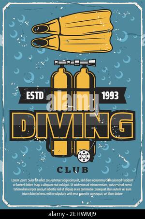 Diving sport club retro poster. Vector diver equipment, oxygen ballon and flippers. Scuba diving school or underwater adventure hobby on water backgro Stock Vector