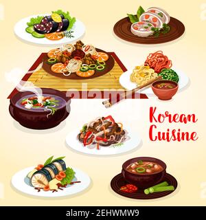 Vector korean noodle bibimbap with vegetable, meat and fish. Kimchi, tofu soup and grilled beef bulgogi, veggies salad, fried fish and stuffed squid, Stock Vector