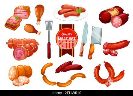 Meat sausage with ground beef and pork. Ham, chicken leg and bacon, smoked salami, wurst and frankfurter vector icons with slices and butcher knives. Stock Vector