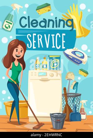 House cleaning work, woman mopping a floor. Vector household appliance and duster brush, bucket and detergent soap or glass polisher. Washing machine Stock Vector