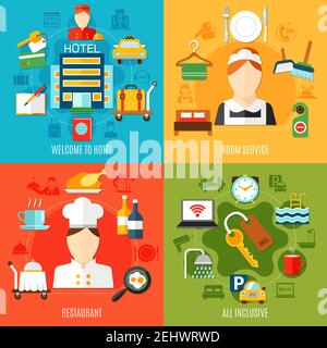 Hotel 2x2 design concept with restaurant and room services and all inclusive icons flat vector illustration Stock Vector