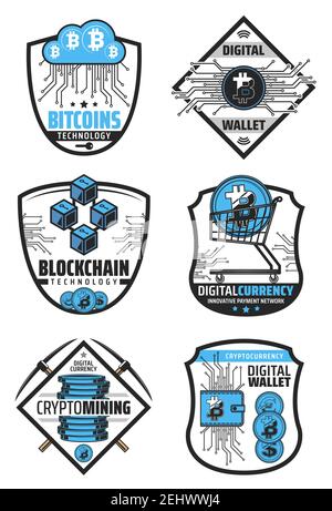 Digital currency and blockchain technology icons for financial operations with cryptocurrency. Optical fiber and online cloud, bitcoin in cart and wal Stock Vector