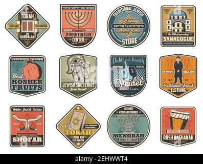 Judaism religion and Jewish culture retro icons or symbols. Torah and hebrew courses, synagogue and kosher fruits, souvenirs shop and dreidel, traditi Stock Vector