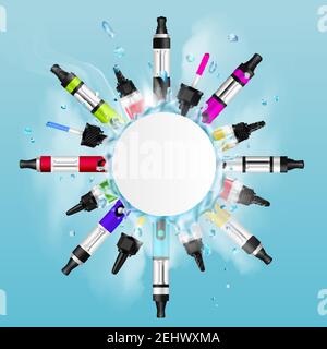 Colored realistic vaping frame background with big white circle at the center of composition and light blue fond vector illustration Stock Vector