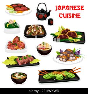 Japanese fish and meat dishes, traditional cuisine. Vector salmon steak and stewed perch, pork with ginger sesame sauce and mustard, noodles and veggi Stock Vector