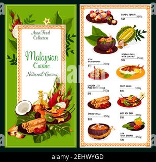 Malaysian cuisine menu, food dishes, lunch and dinner meals vector ...